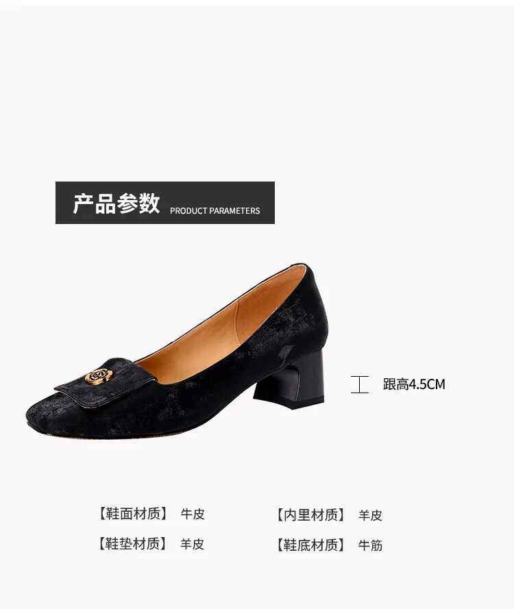 Spring square-toe chunky heel high-heeled low-cut single shoes, new Chinese style, comfortable cowhide women's shoes