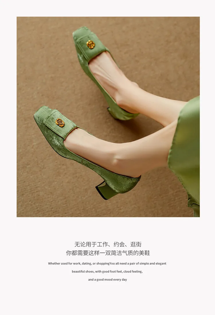Spring square-toe chunky heel high-heeled low-cut single shoes, new Chinese style, comfortable cowhide women's shoes