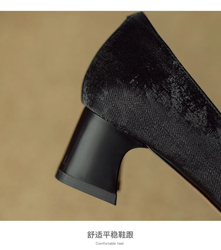 Spring square-toe chunky heel high-heeled low-cut single shoes, new Chinese style, comfortable cowhide women's shoes