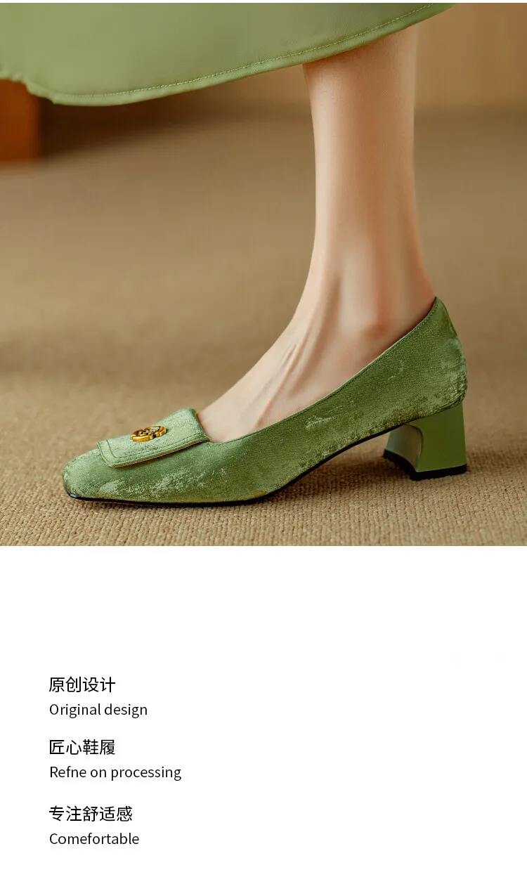 Spring square-toe chunky heel high-heeled low-cut single shoes, new Chinese style, comfortable cowhide women's shoes
