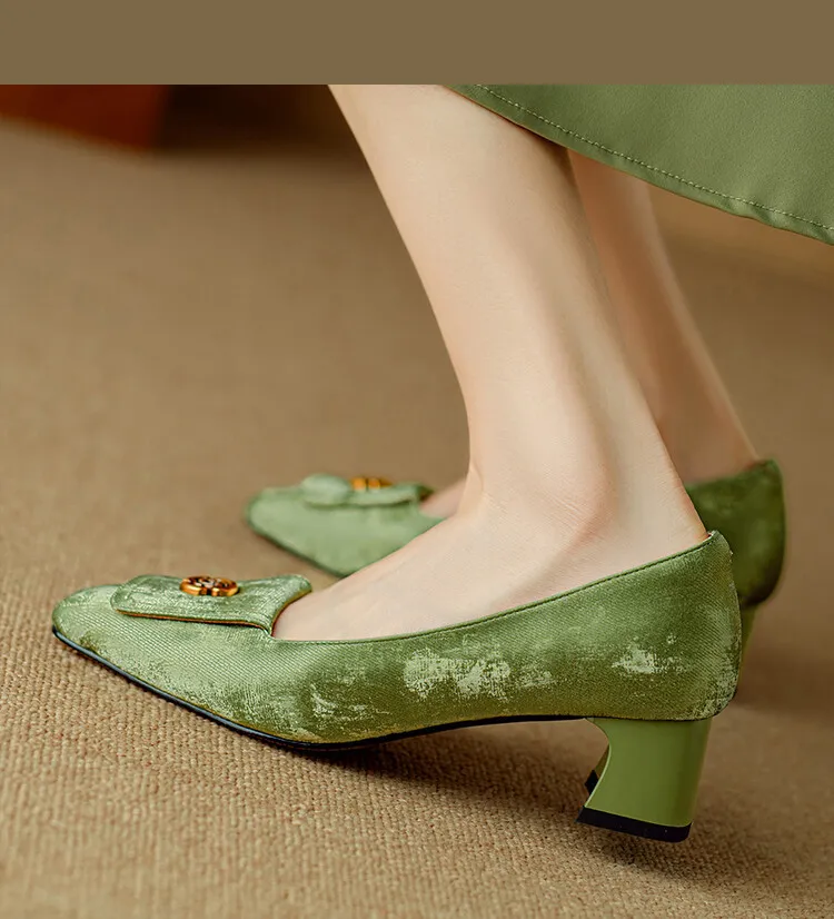 Spring square-toe chunky heel high-heeled low-cut single shoes, new Chinese style, comfortable cowhide women's shoes