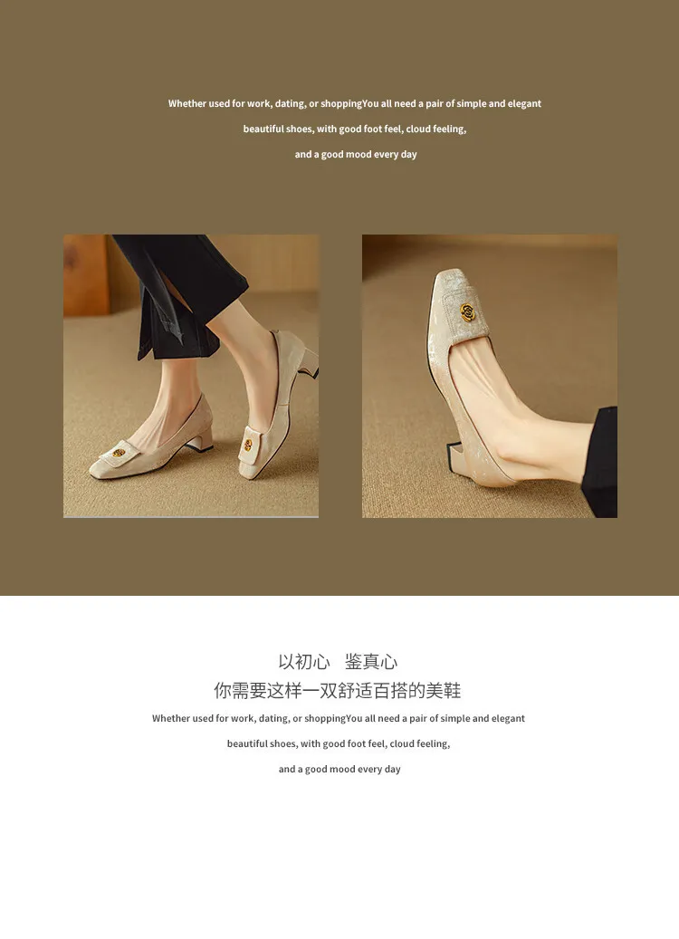 Spring square-toe chunky heel high-heeled low-cut single shoes, new Chinese style, comfortable cowhide women's shoes