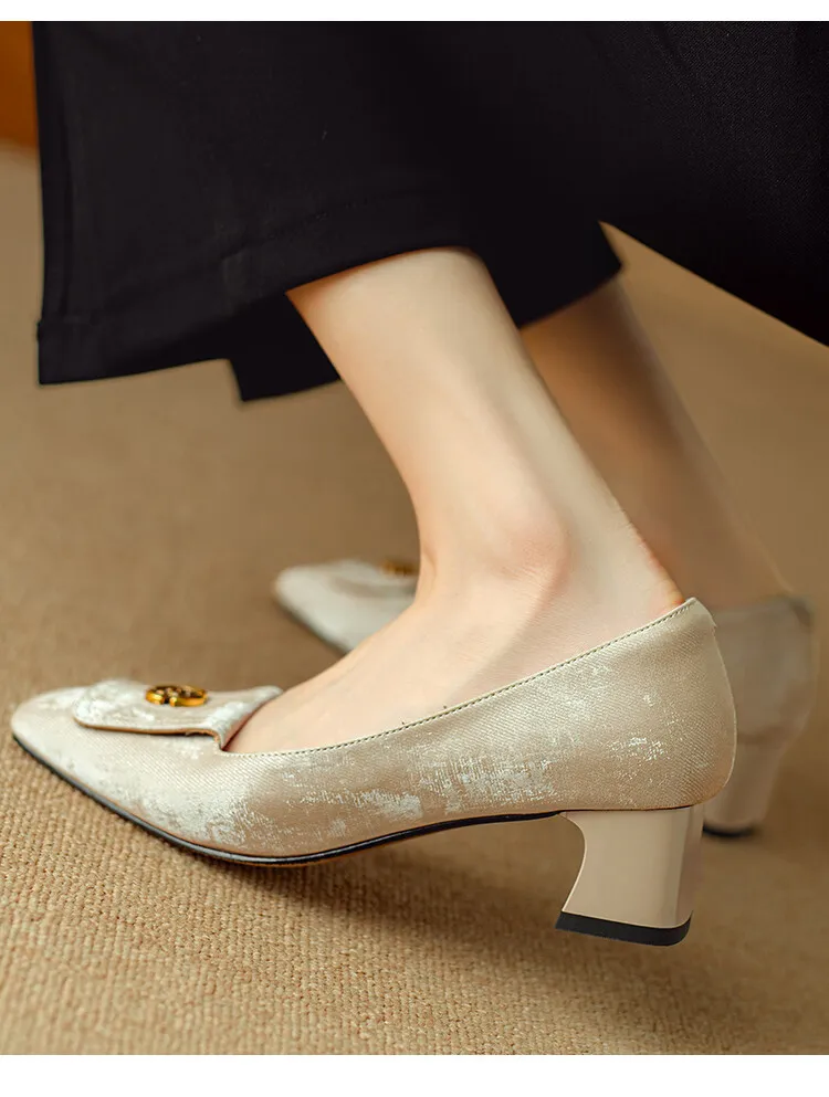 Spring square-toe chunky heel high-heeled low-cut single shoes, new Chinese style, comfortable cowhide women's shoes