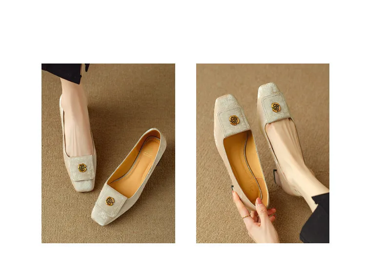 Spring square-toe chunky heel high-heeled low-cut single shoes, new Chinese style, comfortable cowhide women's shoes
