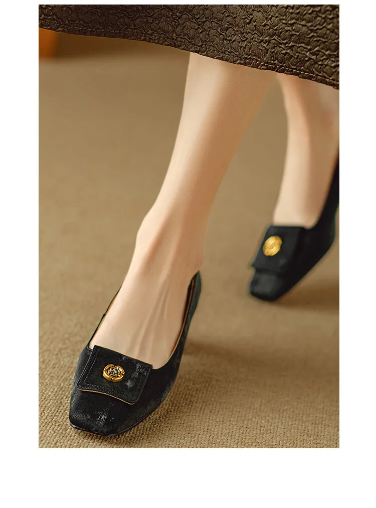 Spring square-toe chunky heel high-heeled low-cut single shoes, new Chinese style, comfortable cowhide women's shoes