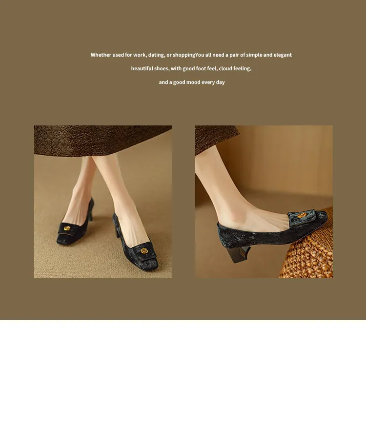 Spring square-toe chunky heel high-heeled low-cut single shoes, new Chinese style, comfortable cowhide women's shoes