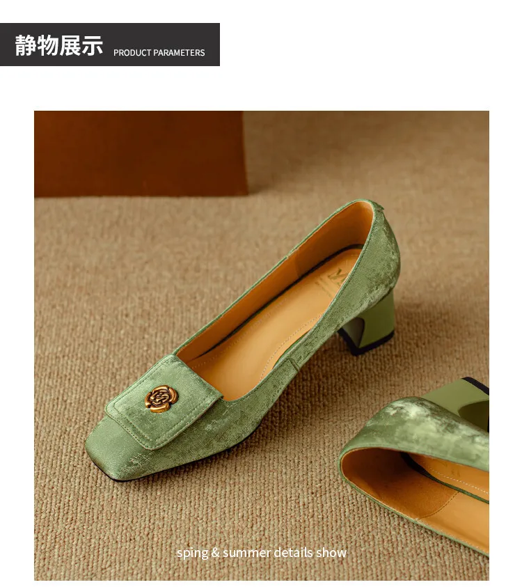 Spring square-toe chunky heel high-heeled low-cut single shoes, new Chinese style, comfortable cowhide women's shoes