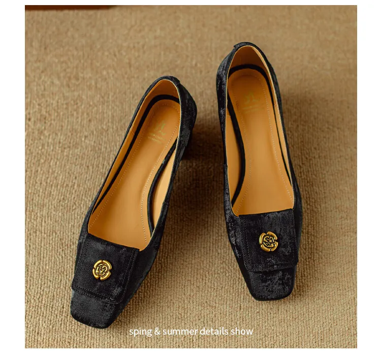 Spring square-toe chunky heel high-heeled low-cut single shoes, new Chinese style, comfortable cowhide women's shoes
