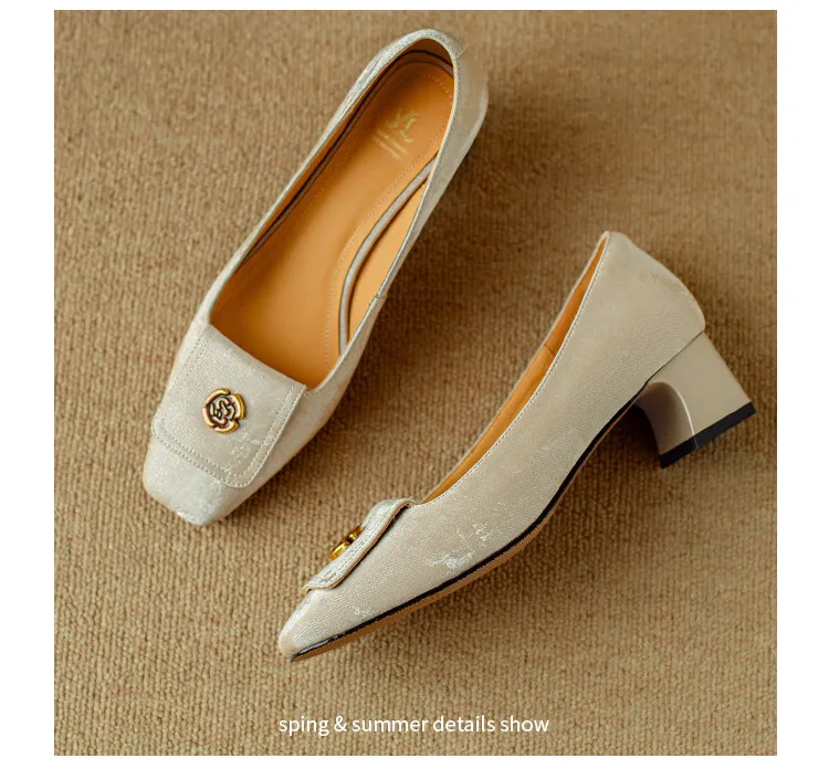 Spring square-toe chunky heel high-heeled low-cut single shoes, new Chinese style, comfortable cowhide women's shoes