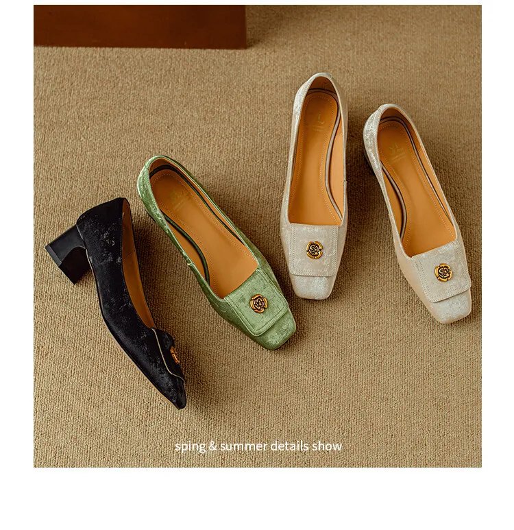 Spring square-toe chunky heel high-heeled low-cut single shoes, new Chinese style, comfortable cowhide women's shoes