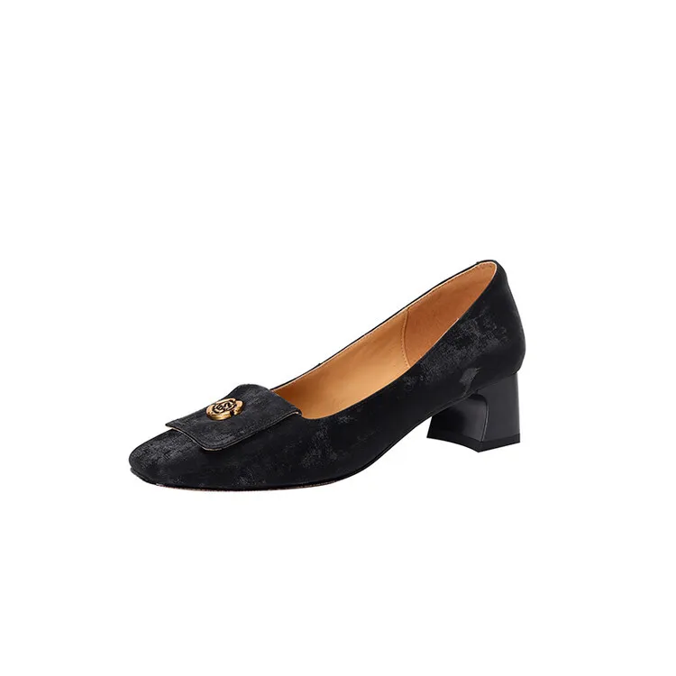 Spring square-toe chunky heel high-heeled low-cut single shoes, new Chinese style, comfortable cowhide women's shoes