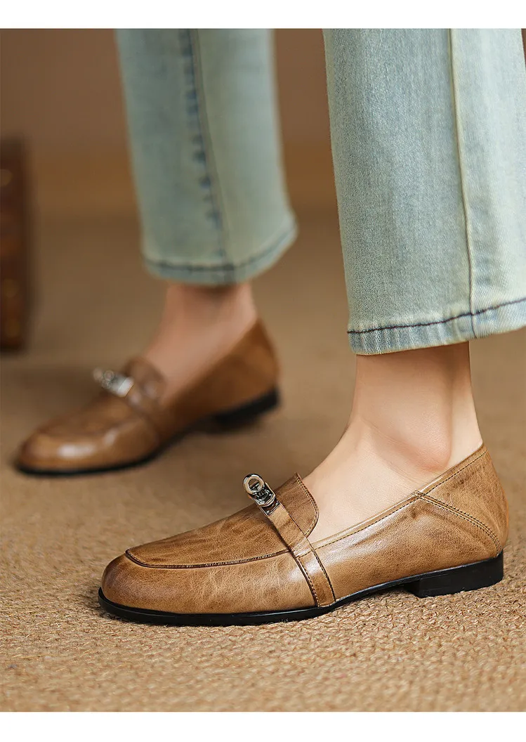 Spring round-toe flat low-heeled single shoes, soft cowhide, comfortable casual women's shoes, plus size shoes