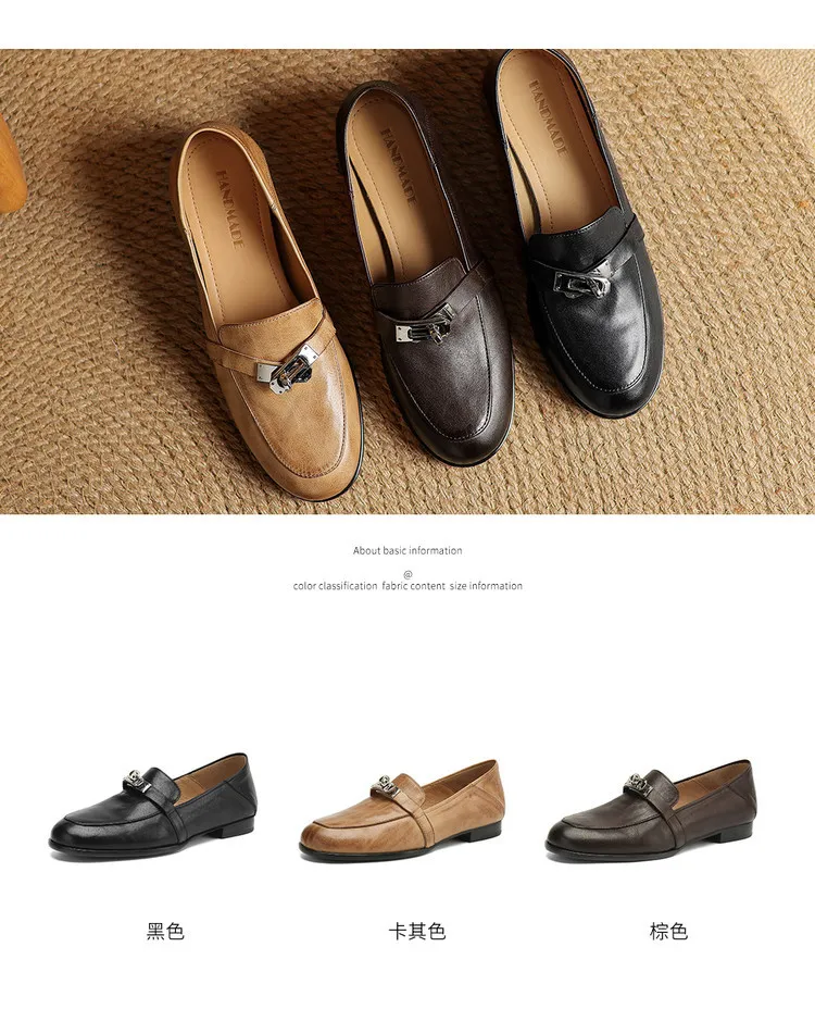 Spring round-toe flat low-heeled single shoes, soft cowhide, comfortable casual women's shoes, plus size shoes