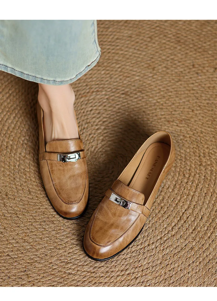Spring round-toe flat low-heeled single shoes, soft cowhide, comfortable casual women's shoes, plus size shoes