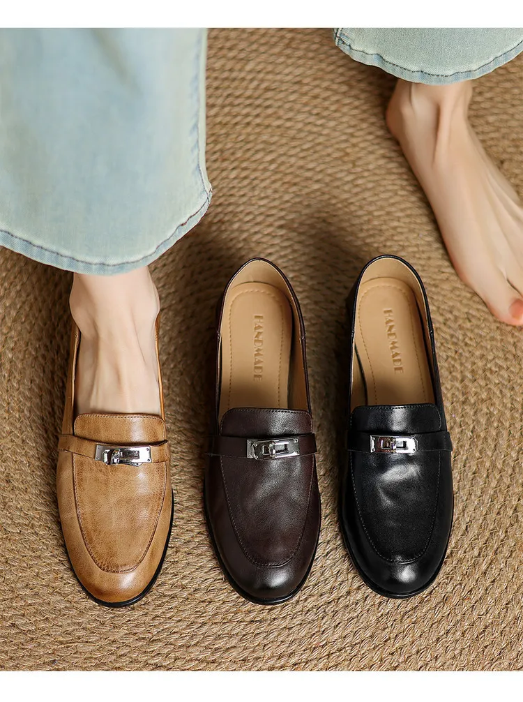 Spring round-toe flat low-heeled single shoes, soft cowhide, comfortable casual women's shoes, plus size shoes