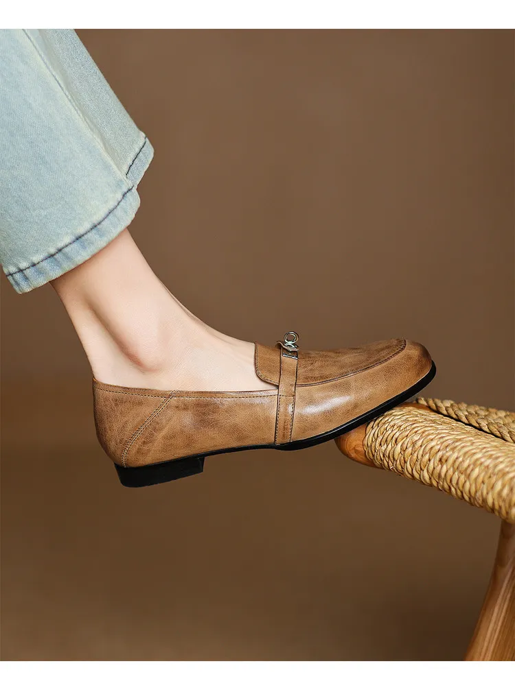 Spring round-toe flat low-heeled single shoes, soft cowhide, comfortable casual women's shoes, plus size shoes