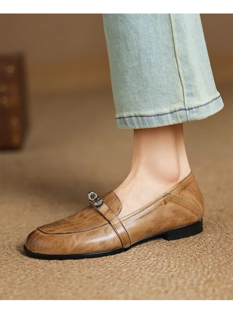 Spring round-toe flat low-heeled single shoes, soft cowhide, comfortable casual women's shoes, plus size shoes