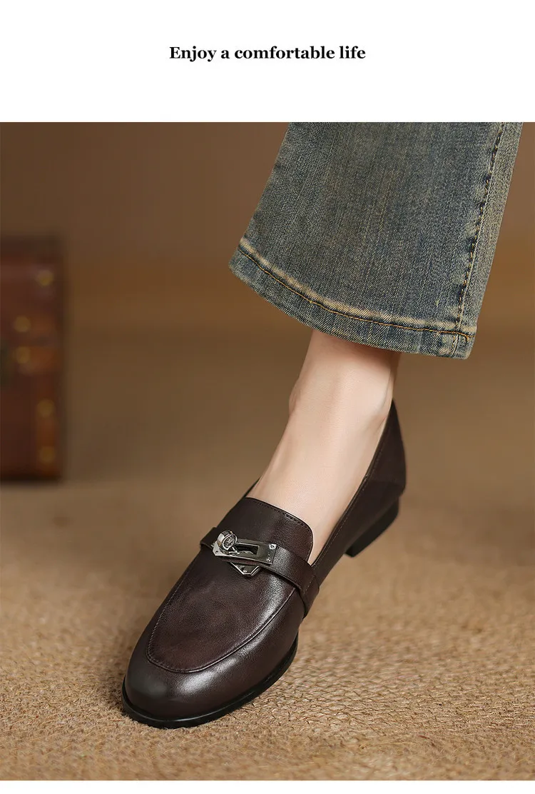 Spring round-toe flat low-heeled single shoes, soft cowhide, comfortable casual women's shoes, plus size shoes