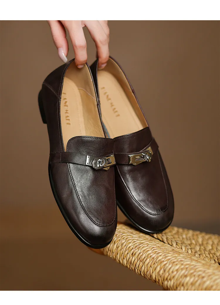 Spring round-toe flat low-heeled single shoes, soft cowhide, comfortable casual women's shoes, plus size shoes