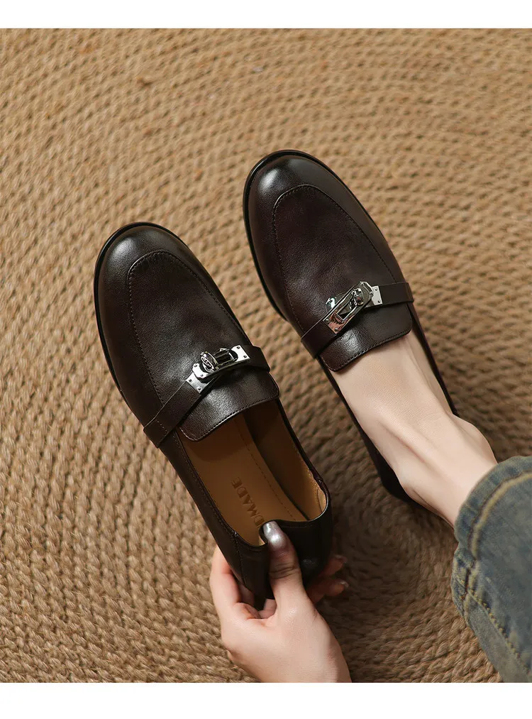 Spring round-toe flat low-heeled single shoes, soft cowhide, comfortable casual women's shoes, plus size shoes