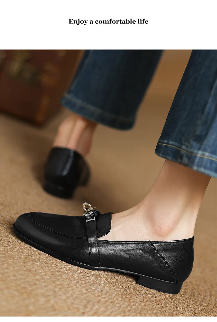 Spring round-toe flat low-heeled single shoes, soft cowhide, comfortable casual women's shoes, plus size shoes