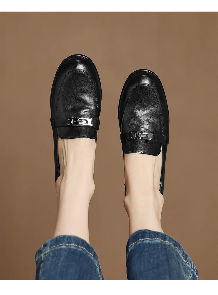 Spring round-toe flat low-heeled single shoes, soft cowhide, comfortable casual women's shoes, plus size shoes