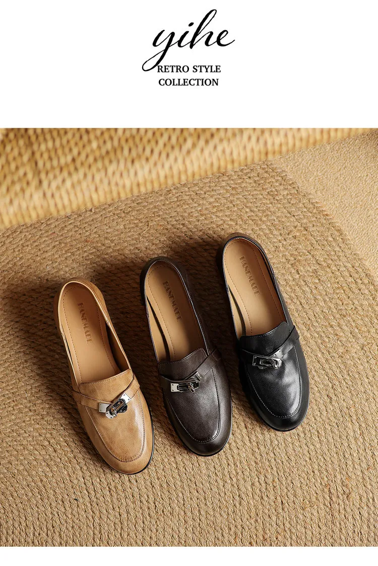 Spring round-toe flat low-heeled single shoes, soft cowhide, comfortable casual women's shoes, plus size shoes