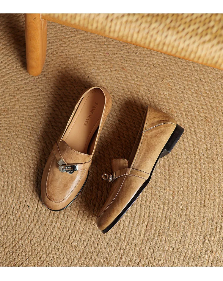Spring round-toe flat low-heeled single shoes, soft cowhide, comfortable casual women's shoes, plus size shoes
