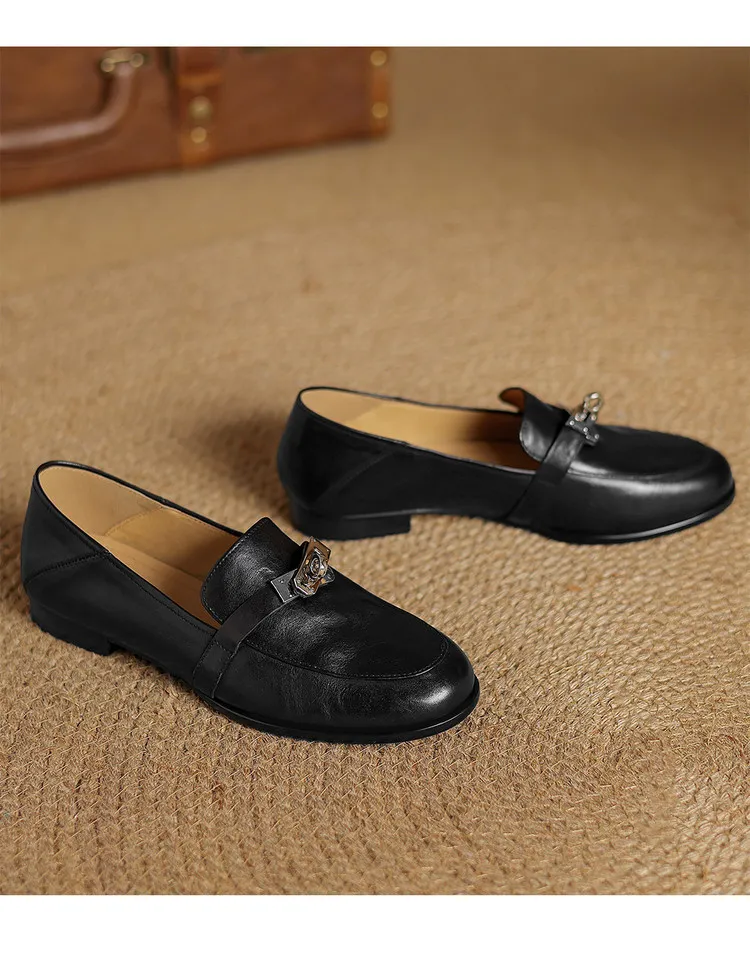 Spring round-toe flat low-heeled single shoes, soft cowhide, comfortable casual women's shoes, plus size shoes