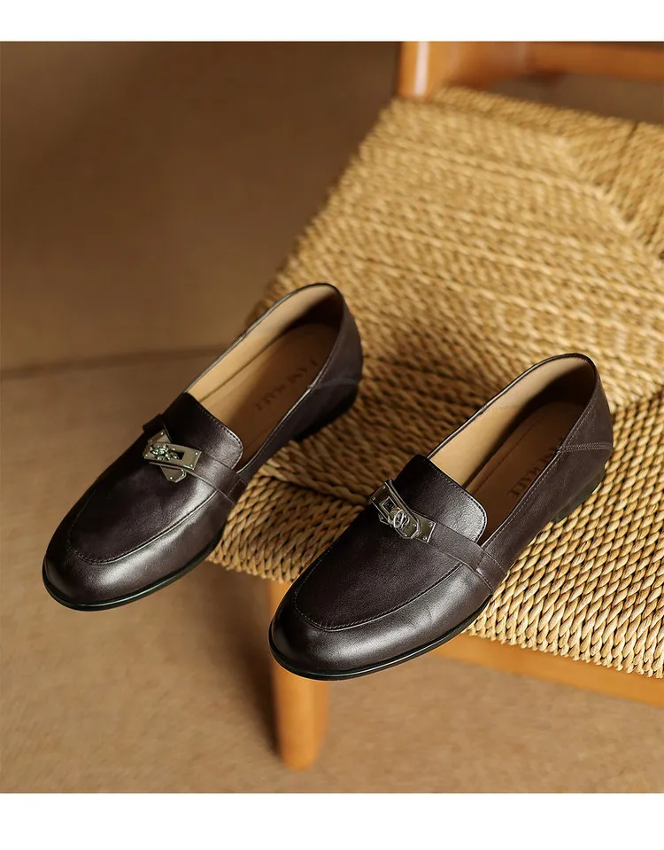 Spring round-toe flat low-heeled single shoes, soft cowhide, comfortable casual women's shoes, plus size shoes