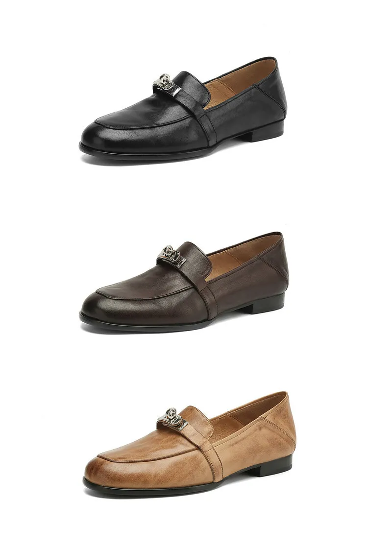 Spring round-toe flat low-heeled single shoes, soft cowhide, comfortable casual women's shoes, plus size shoes