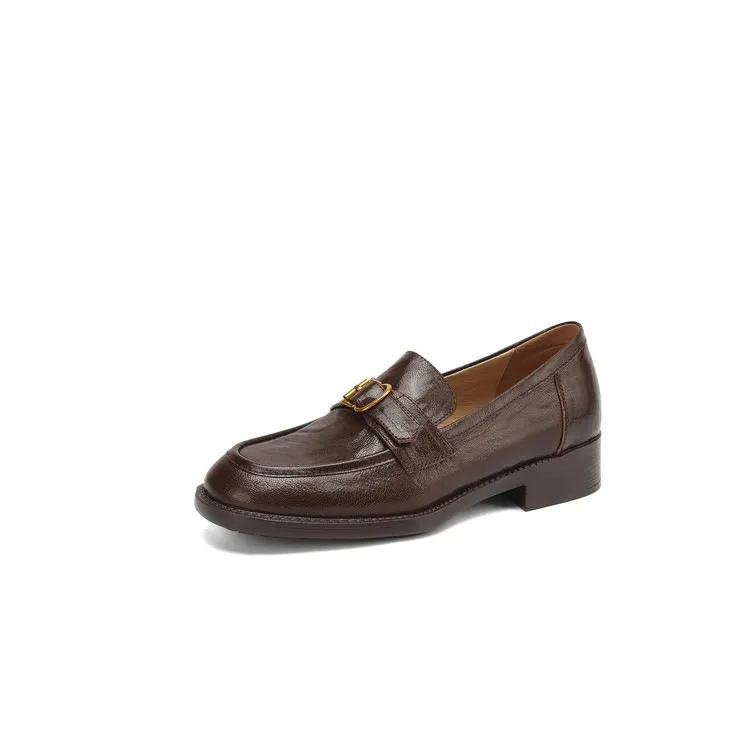 Spring-style hand-strap sheepskin round-toe slip-on single shoes with chunky heels and low heels, featuring a British style and metal buckles.