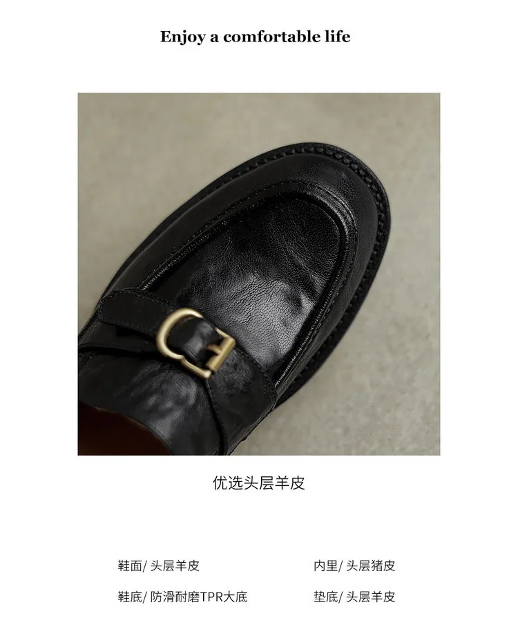 Spring-style hand-strap sheepskin round-toe slip-on single shoes with chunky heels and low heels, featuring a British style and metal buckles.
