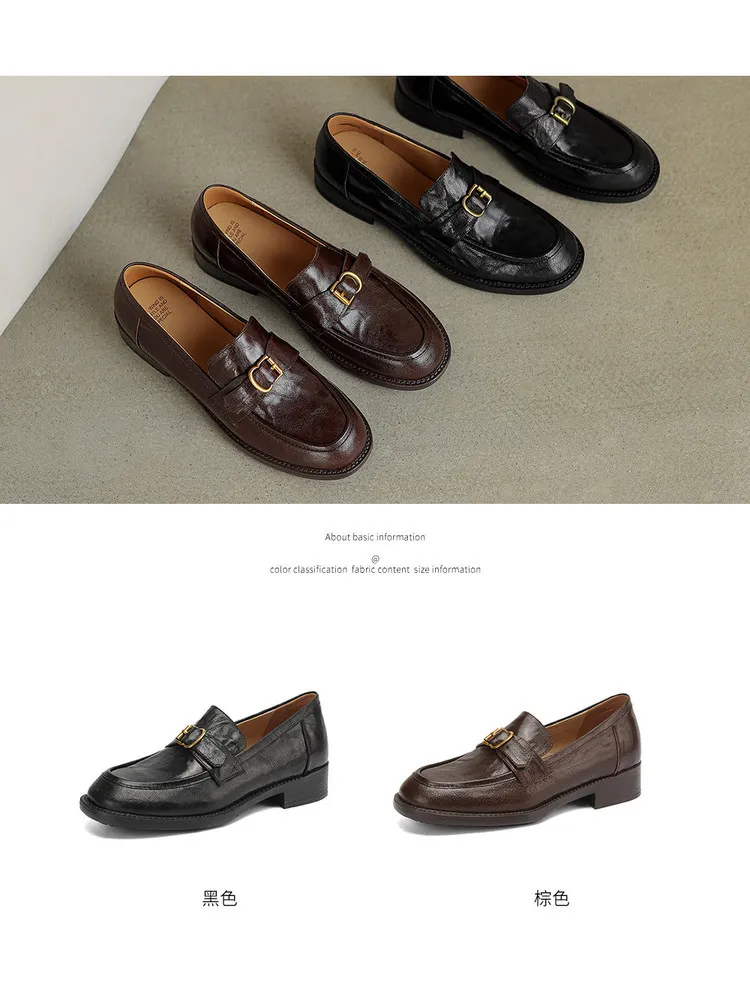 Spring-style hand-strap sheepskin round-toe slip-on single shoes with chunky heels and low heels, featuring a British style and metal buckles.