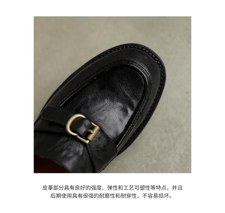 Spring-style hand-strap sheepskin round-toe slip-on single shoes with chunky heels and low heels, featuring a British style and metal buckles.