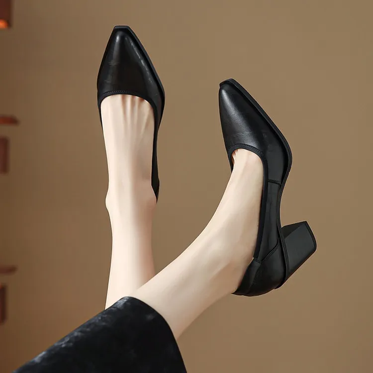 Spring pointed-toe chunky heel slip-on women's shoes in black and brown leather