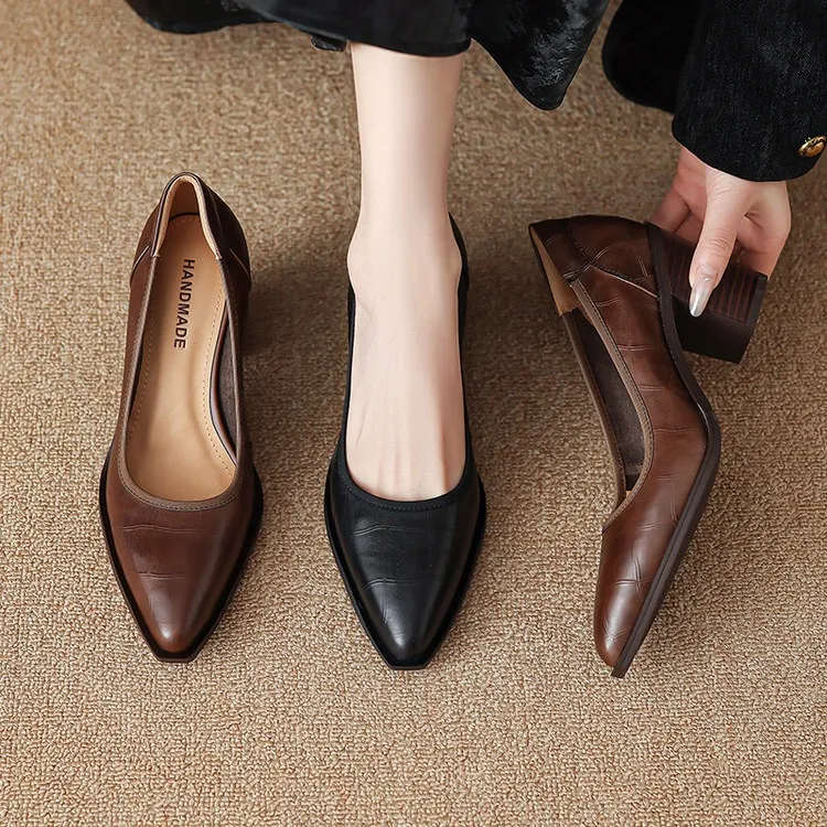 Spring pointed-toe chunky heel slip-on women's shoes in black and brown leather