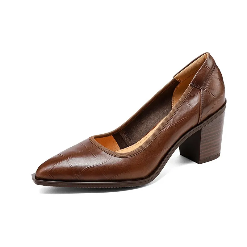 Spring pointed-toe chunky heel slip-on women's shoes in black and brown leather