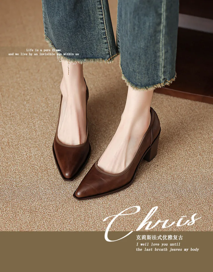 Spring pointed-toe chunky heel slip-on women's shoes in black and brown leather