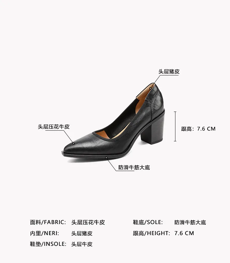 Spring pointed-toe chunky heel slip-on women's shoes in black and brown leather