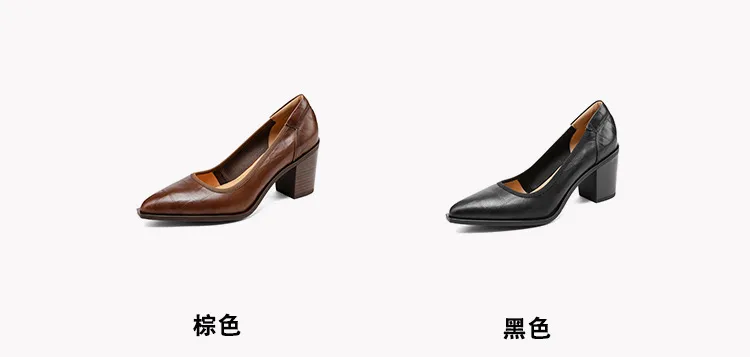 Spring pointed-toe chunky heel slip-on women's shoes in black and brown leather
