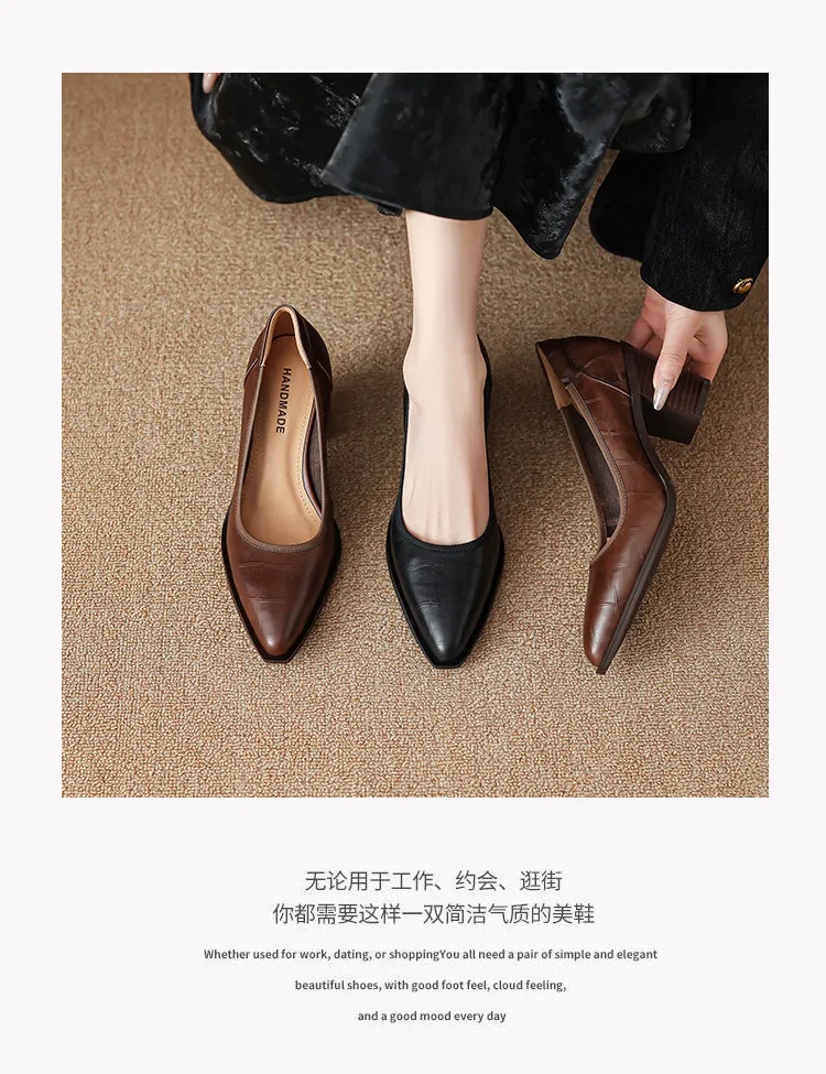 Spring pointed-toe chunky heel slip-on women's shoes in black and brown leather