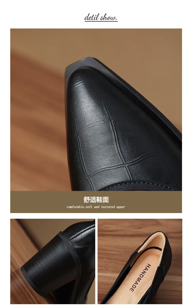 Spring pointed-toe chunky heel slip-on women's shoes in black and brown leather