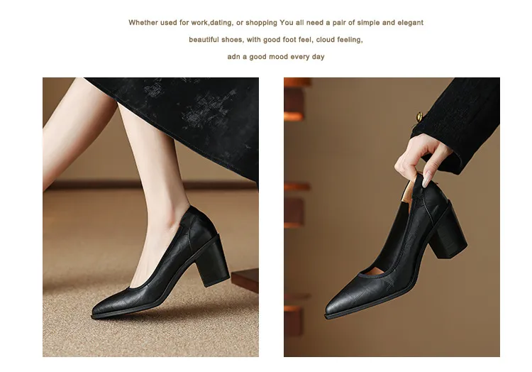Spring pointed-toe chunky heel slip-on women's shoes in black and brown leather
