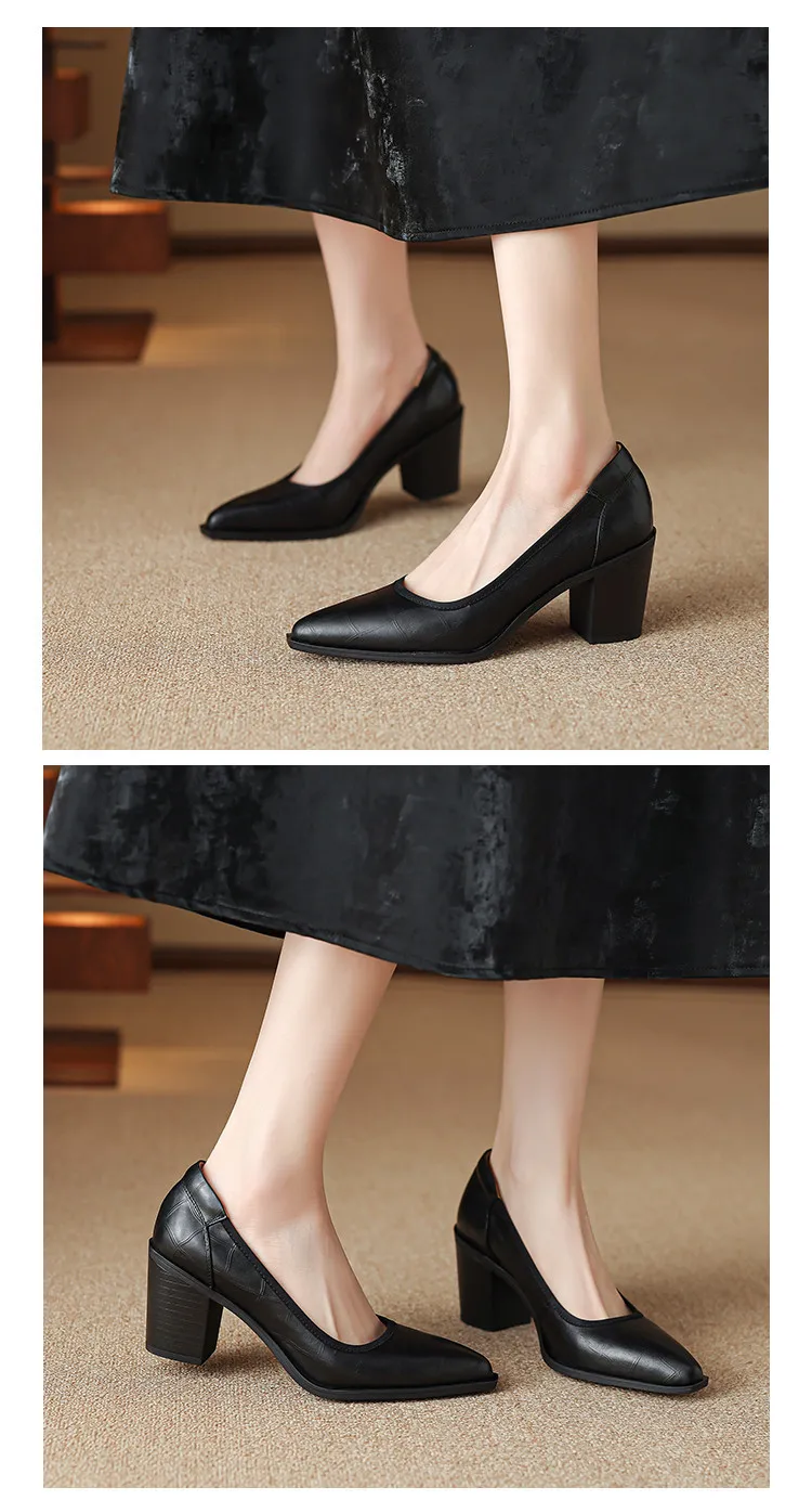 Spring pointed-toe chunky heel slip-on women's shoes in black and brown leather