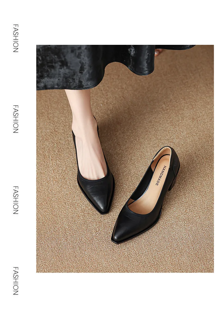 Spring pointed-toe chunky heel slip-on women's shoes in black and brown leather