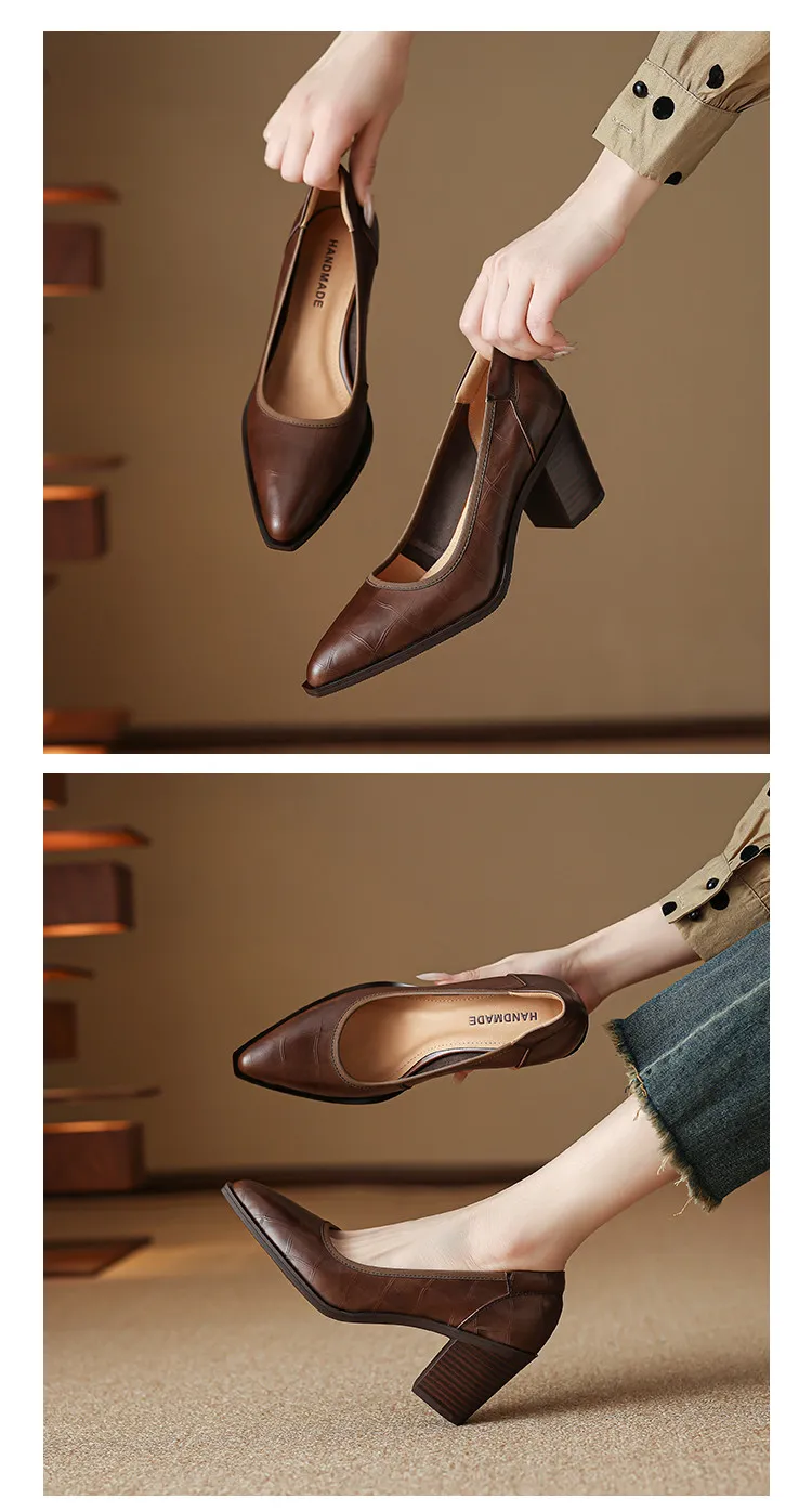 Spring pointed-toe chunky heel slip-on women's shoes in black and brown leather