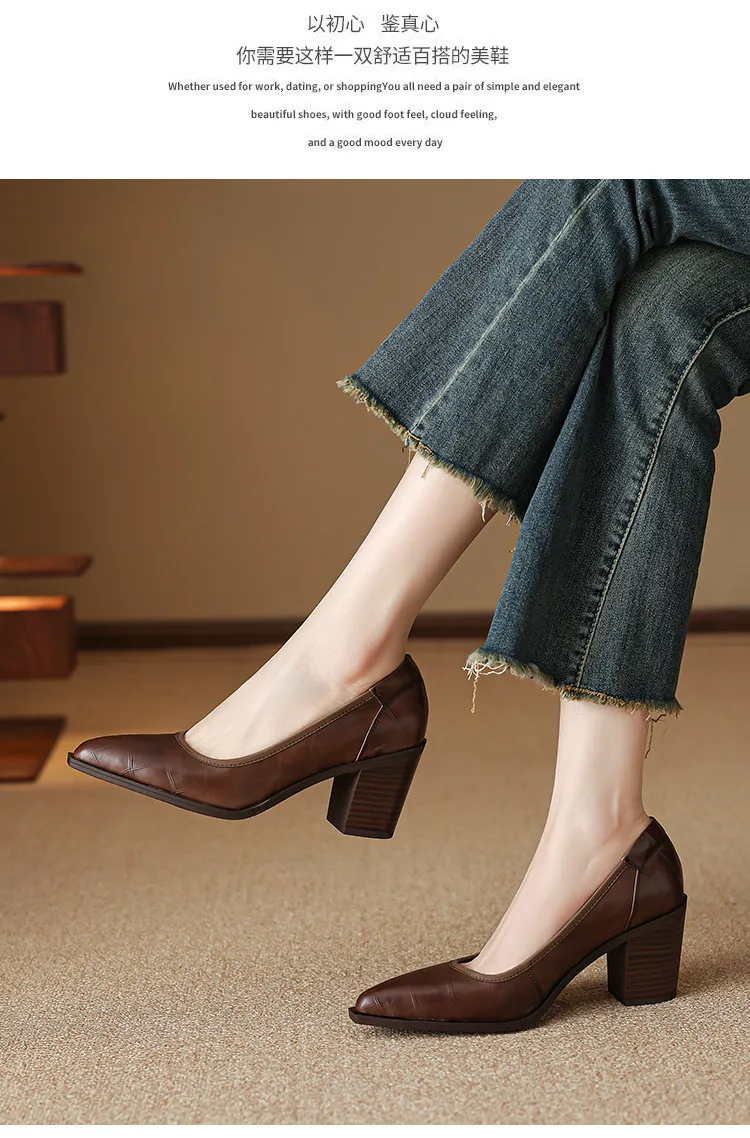 Spring pointed-toe chunky heel slip-on women's shoes in black and brown leather