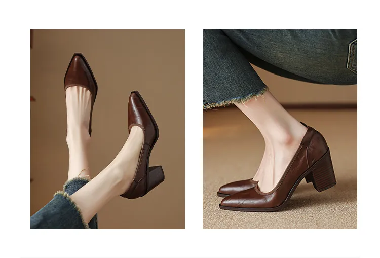 Spring pointed-toe chunky heel slip-on women's shoes in black and brown leather