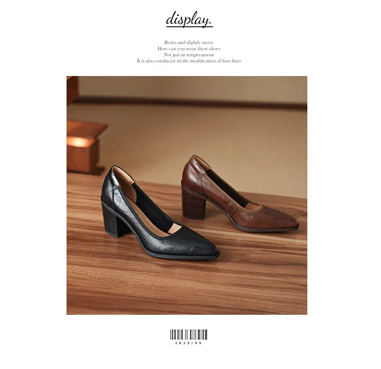 Spring pointed-toe chunky heel slip-on women's shoes in black and brown leather